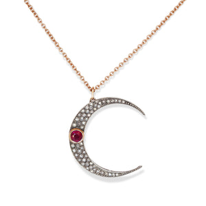 14KT ROSE GOLD, DIAMOND & RUBY CRESCENT MOON PENDANT & NECKLACE