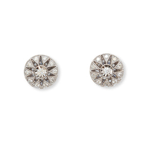 Front view of 14kt white gold diamond filigree stud earrings