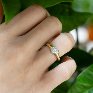 Diamond heart ring worn on hand, shown against green leaves