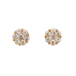 Close-up of 14kt yellow gold 6mm diamond cluster earrings on white background