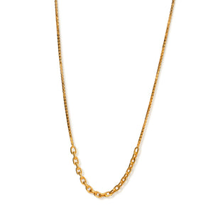 Closeup of 14kt yellow gold necklace featuring a mix of box and oval link chains
