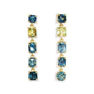 18kt yellow gold multi-colored sapphire dangle earrings custom-made by Ben Shemano Jewelry