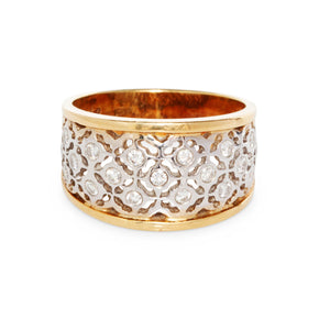 8kt yellow and white gold wide band ring with 0.50ct diamond accents in openwork design