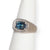 Horizontal view of 18kt white gold sapphire and diamond ring featuring emerald-cut blue sapphire and diamond halo