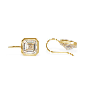 Beautiful 18kt bezel set lab grown asscher cut diamond drop earrings.