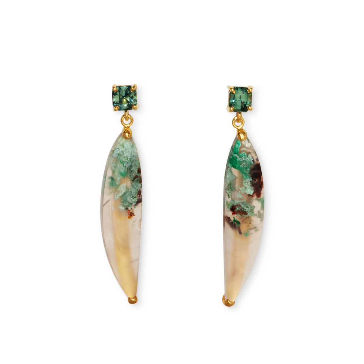 Front view of custom 14kt yellow gold earrings with green sapphires and moss agate drops