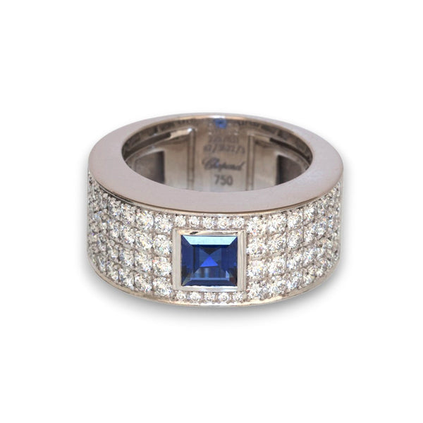 Chopard 18K white gold sapphire and diamond band ring with pavé diamonds