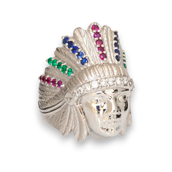 Estate platinum Indian Chief ring with diamond, ruby, sapphire, and emerald accents
