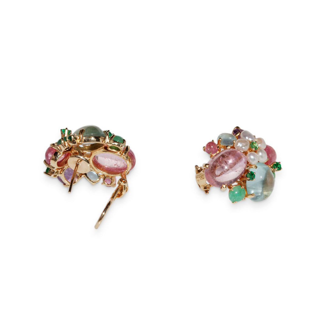 Back view of multicolor gemstone cluster earrings with omega backs in 14kt yellow gold