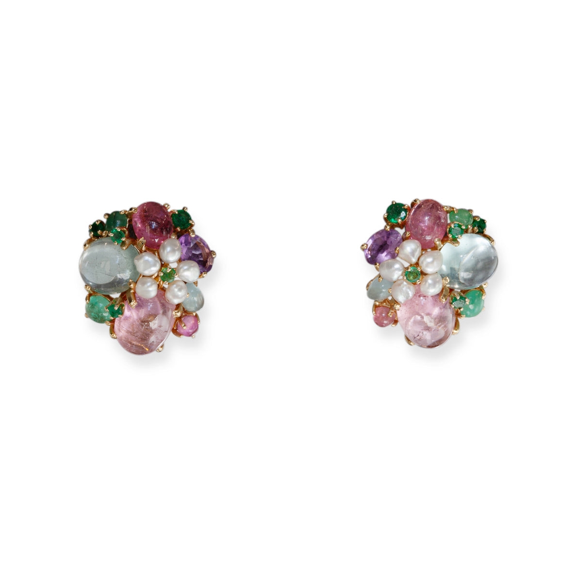 Front view of vintage 14kt yellow gold bouquet earrings with tourmaline, emeralds, and pearls