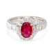 Front view of platinum ring with vivid red Burmese ruby and split halo of diamonds