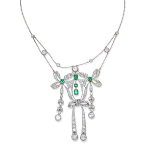Front view of Victorian emerald and diamond necklace with garland and bow motif