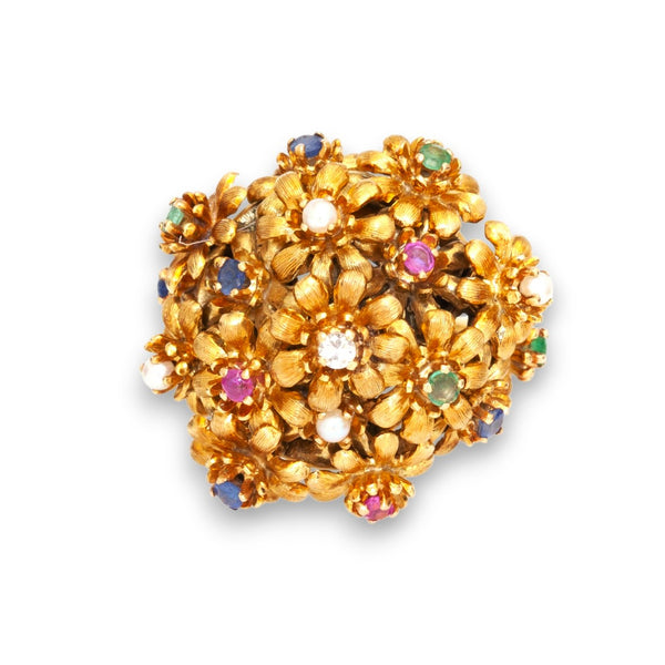 Vintage 18kt yellow gold floral cluster ring with articulated moving flowers