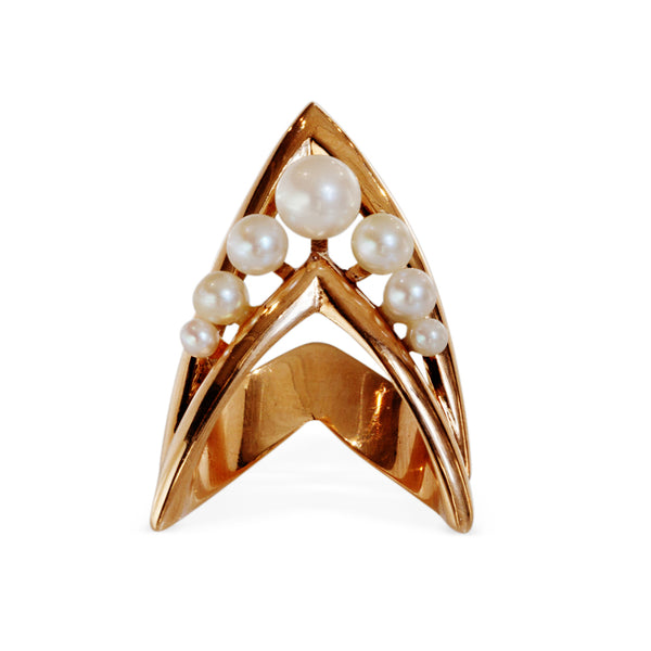 Front view of 14kt yellow gold pearl statement ring with seven pearls