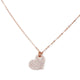 A 14kt rose gold heart necklace with pave diamonds on an 18" chain.
