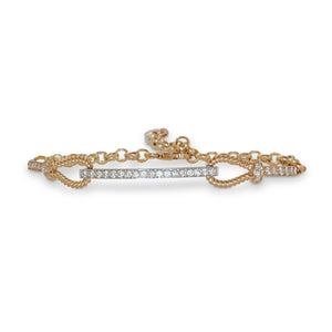 Front view of 14KT yellow gold diamond bar bracelet with rope accents