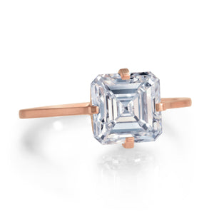 Front view of 18kt rose gold Asscher cut diamond engagement ring with 2.69ct center stone