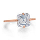 Front view of 18kt rose gold Asscher cut diamond engagement ring with 2.69ct center stone
