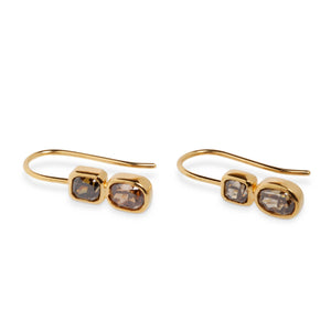 Side view of 18kt yellow gold bezel-set brown diamond earrings