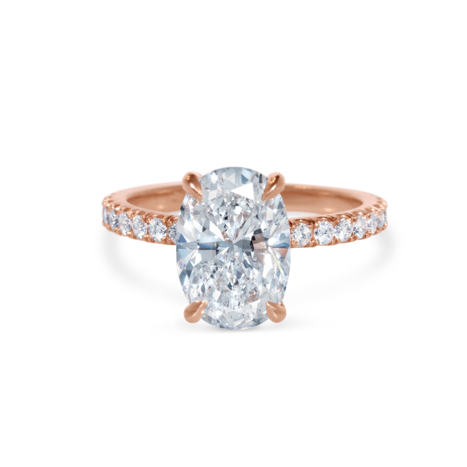 Studio view of 3.01ct oval diamond in rose gold setting